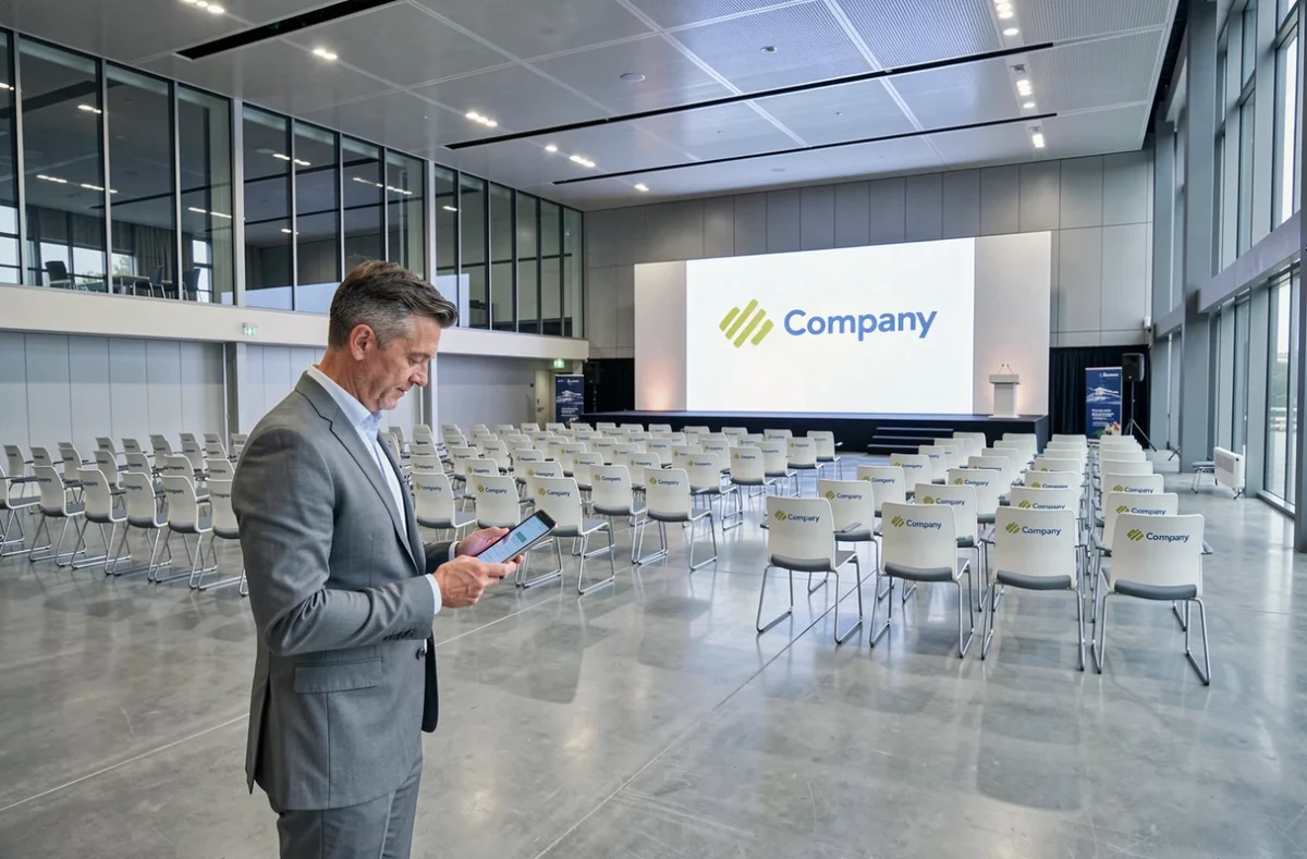 Configuration professionnelle d'événement d'entreprise dans un grand centre de congrès du Grand Est avec scène éclairée et gestionnaire consultant une tablette