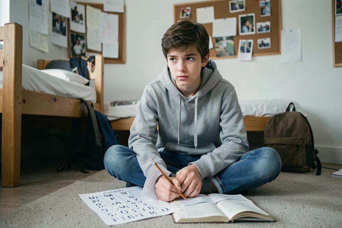 Adolescent étudiant la conversion de dates en chiffres romains avec un tableau de référence et un manuel scolaire sur le sol