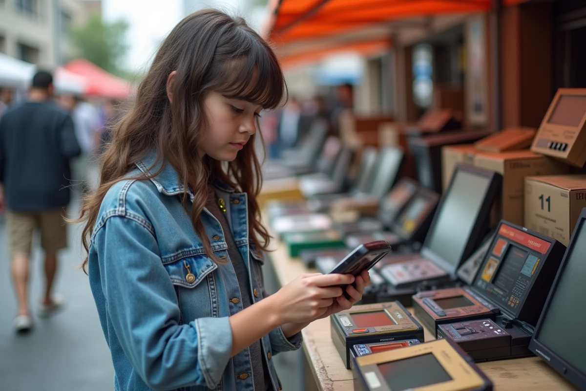 Adolescente examinant une console rétro au marché