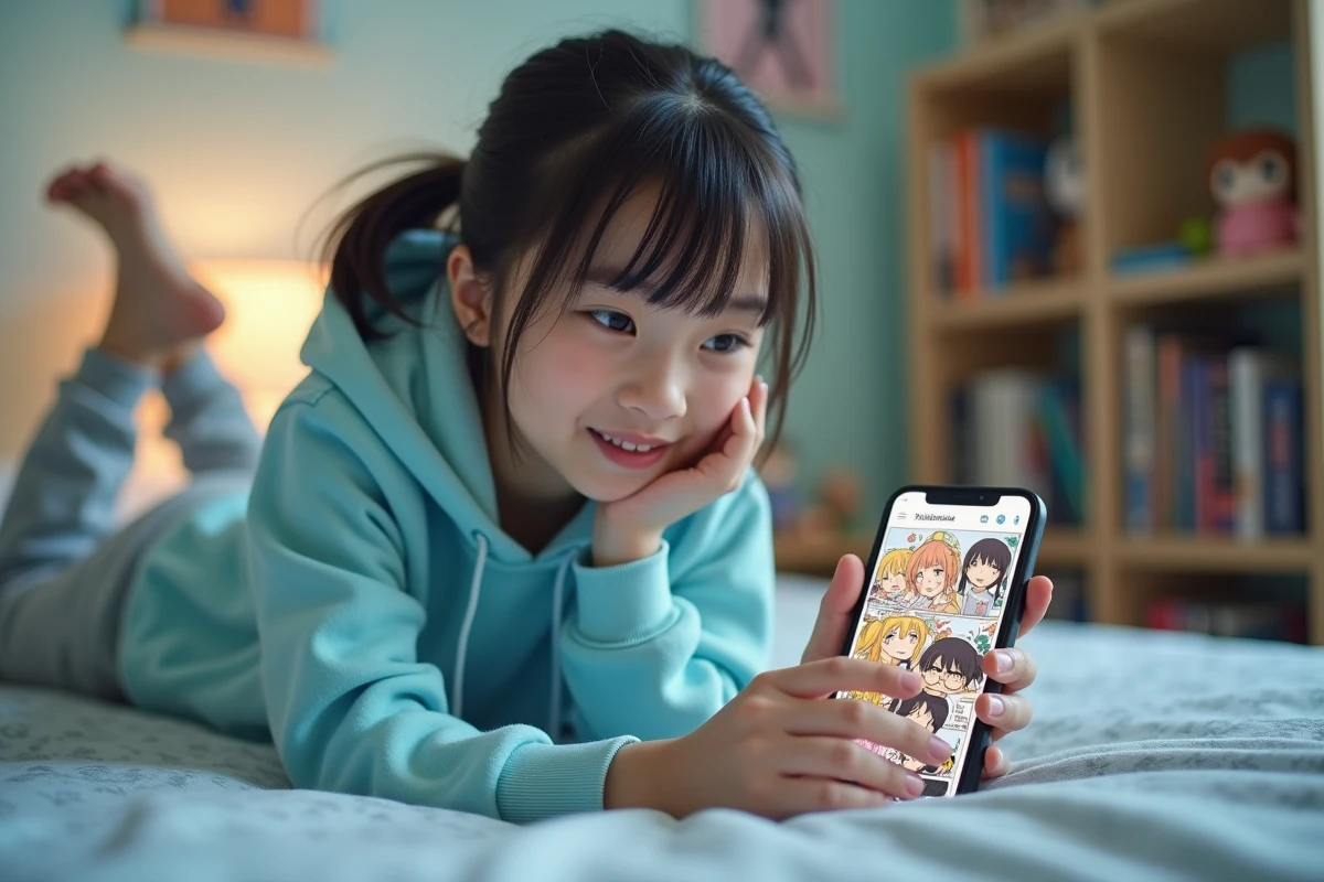 Adolescente lisant un manga en ligne sur smartphone allongée sur son lit avec l'application Elipson Scan
