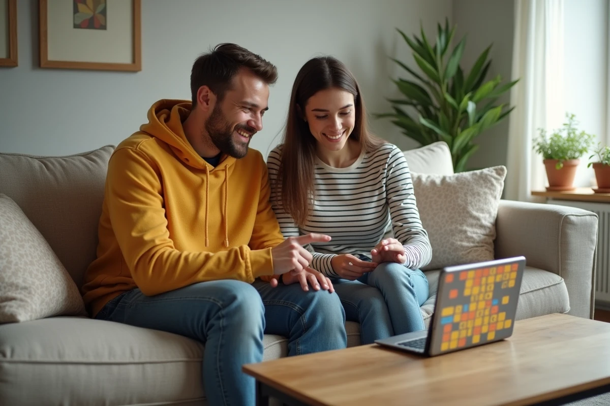 Deux amis jouant ensemble à Codycross sur une tablette dans un salon moderne, cherchant le mot du jour