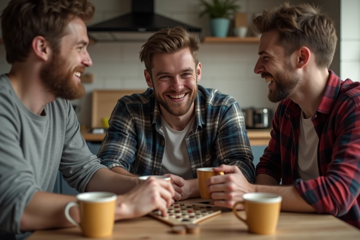Trois amis jouent à un jeu de société dans une cuisine chaleureuse