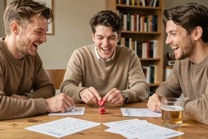 Trois amis jouant au 421 avec des dés sur une table en bois, feuilles de score manuscrites et ambiance conviviale