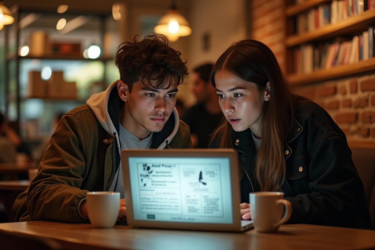 Deux amis lisant un chapitre de manga en français sur un ordinateur portable dans un café urbain