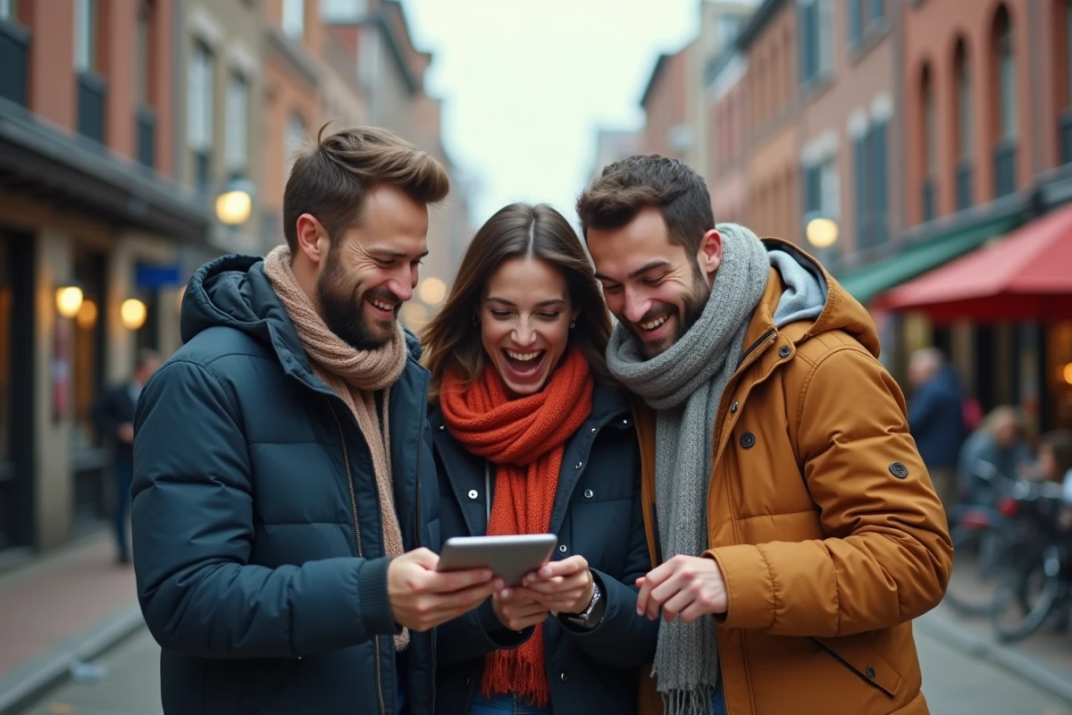 Trois amis rient en regardant un meme en ville