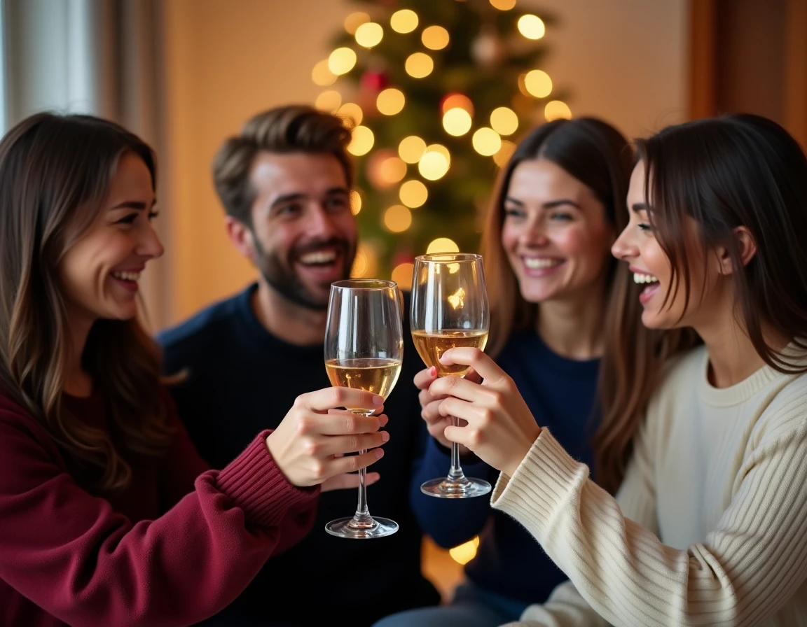 Groupe d'amis portant un toast au champagne pour célébrer le Nouvel An 2026 dans un salon décoré