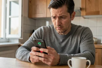 Homme regardant son téléphone avec méfiance face à un appel inconnu avec l'indicatif 30