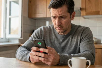 Homme regardant son téléphone avec méfiance face à un appel inconnu avec l'indicatif 30