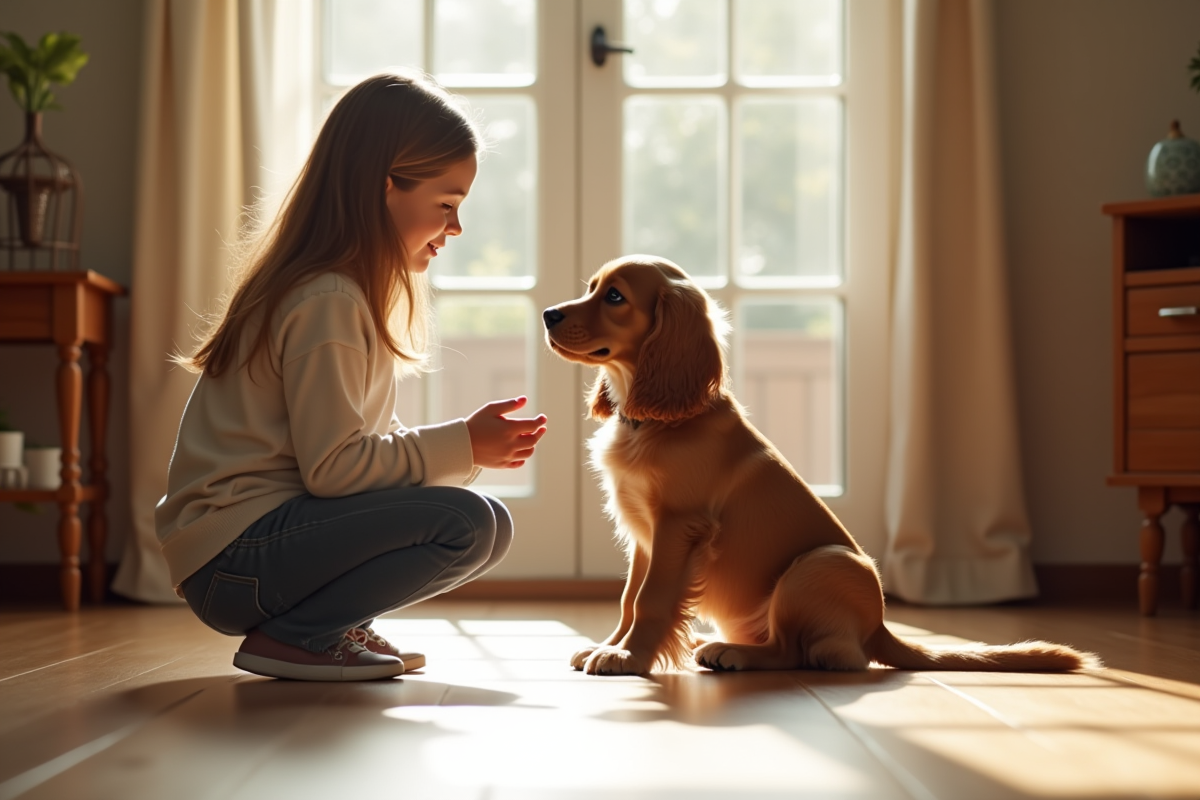 Enfant enseignant à un chiot cocker à s