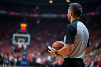 Arbitre de basketball tenant un chronometre en surveillant le match