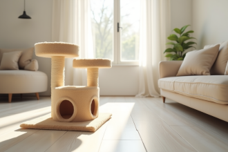 arbre à chat beige dans un salon lumineux