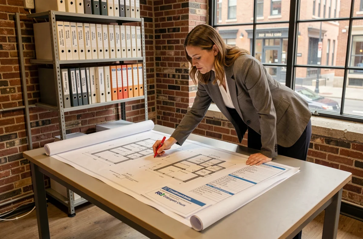 Architecte analysant des plans de mise en conformité ERP type R sur une table de travail avec documents réglementaires et checklist de sécurité