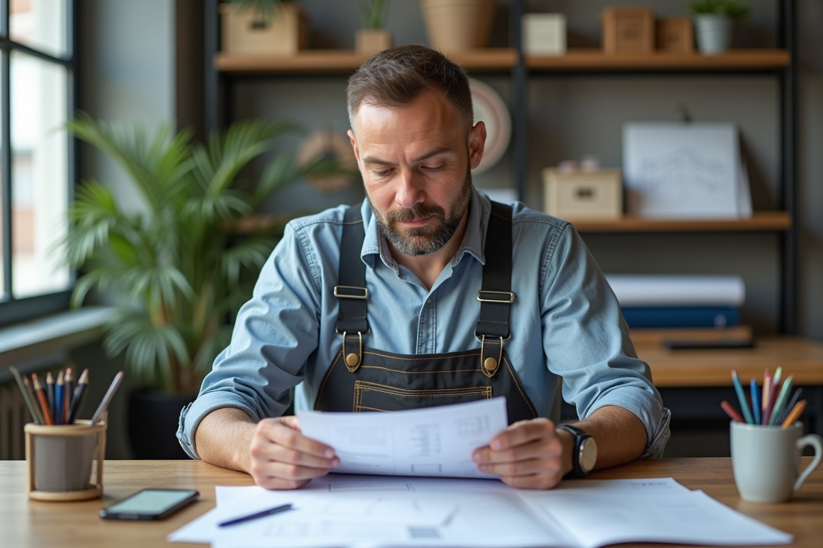 Artisan homme en bureau examinant des documents d'assurance