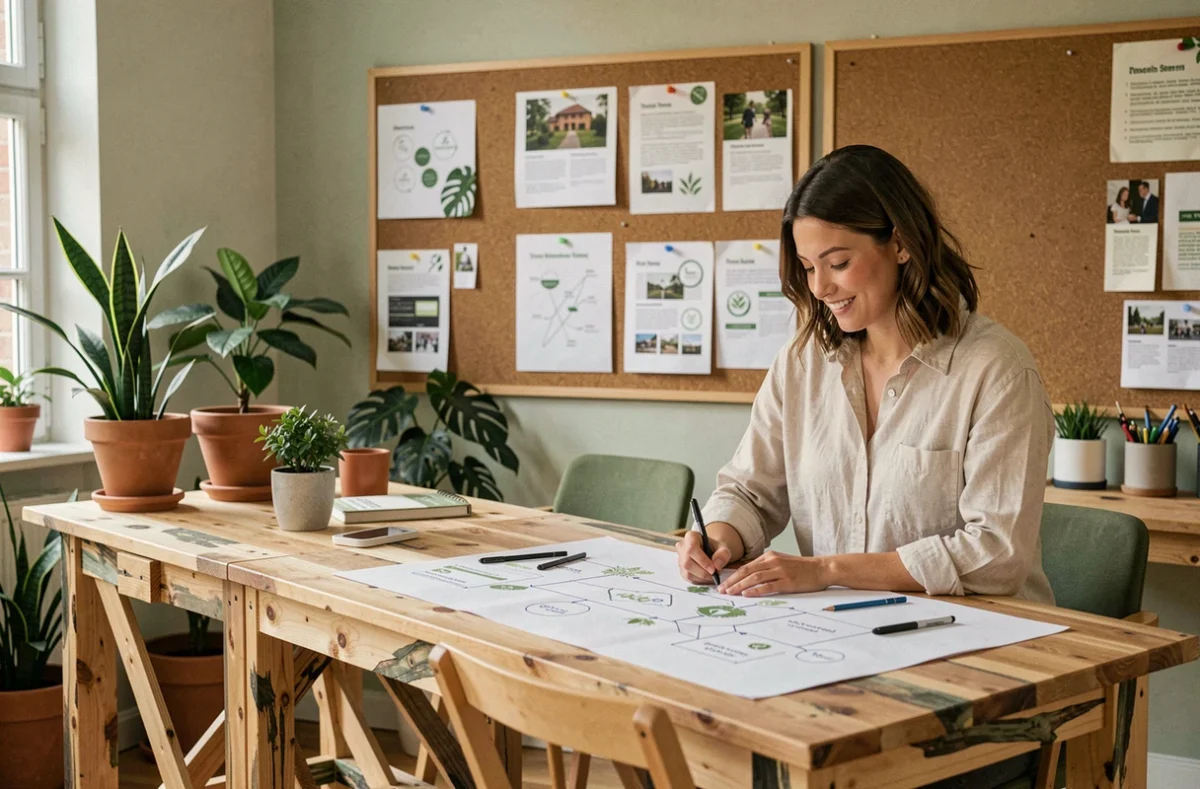 Planificatrice d'événements écoresponsable dans un espace de travail en bois recyclé à Strasbourg entouré de plantes et de propositions d'événements durables