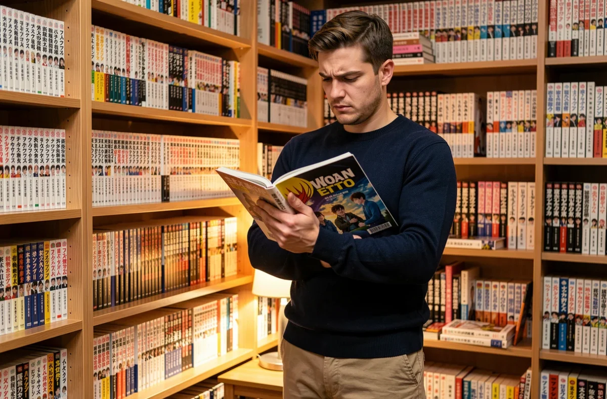 Homme examinant des volumes de manhwa dans une bibliothèque personnelle organisée, cherchant une édition française