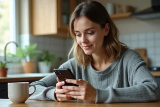 Femme tenant un smartphone Android consultant les paramètres pour bloquer un numéro 0270 indésirable dans sa cuisine