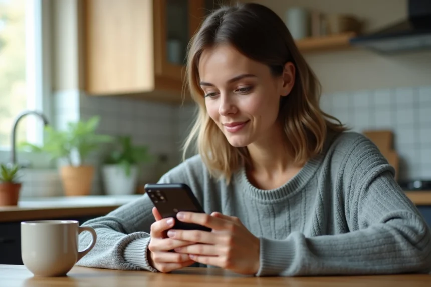 Femme tenant un smartphone Android consultant les paramètres pour bloquer un numéro 0270 indésirable dans sa cuisine
