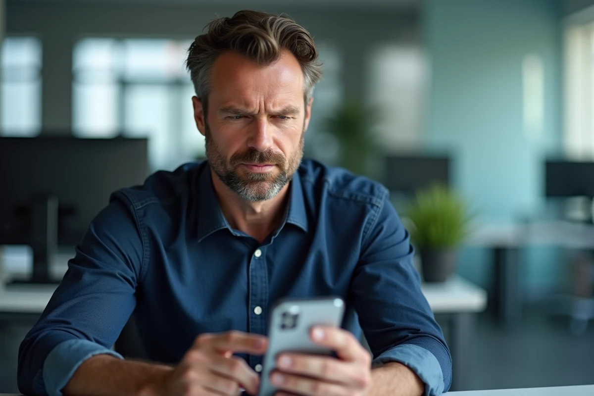 Homme en bureau bloquant un appel entrant d'un numéro 0270 sur un iPhone dans un environnement professionnel