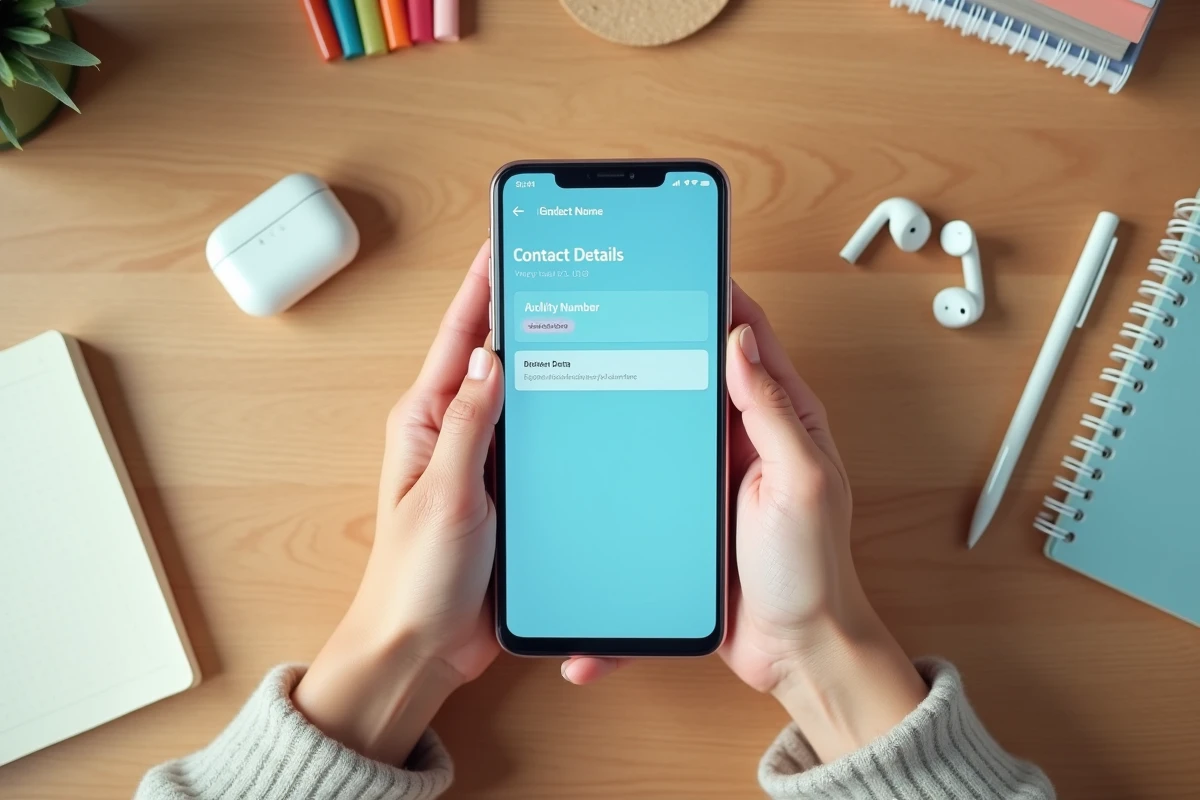 Vue de dessus de mains tenant un smartphone Android avec l'option de blocage d'un numéro 0270 visible à l'écran sur un bureau étudiant