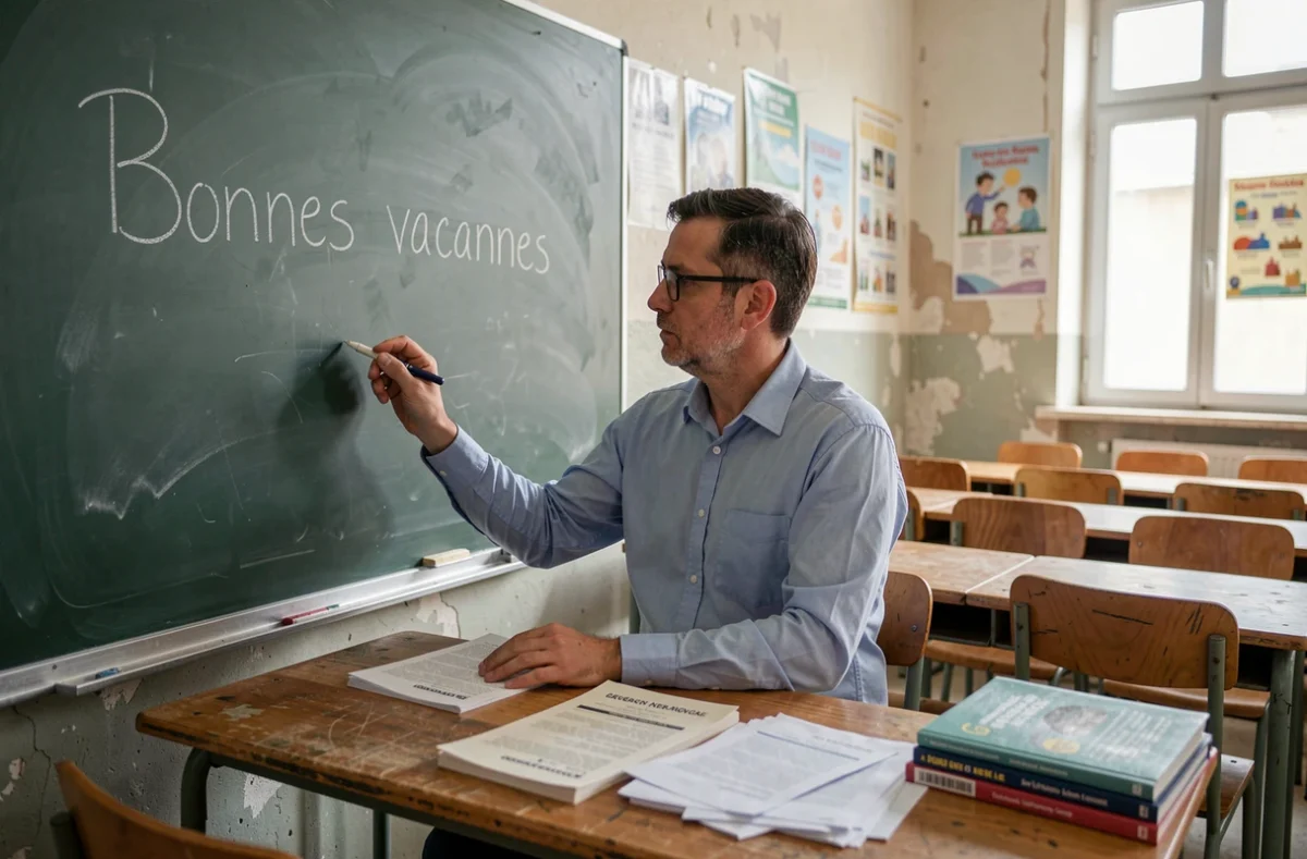 Enseignant écrivant 'Bonnes vacances' sur un tableau noir dans une salle de classe vide avec des livres de grammaire française