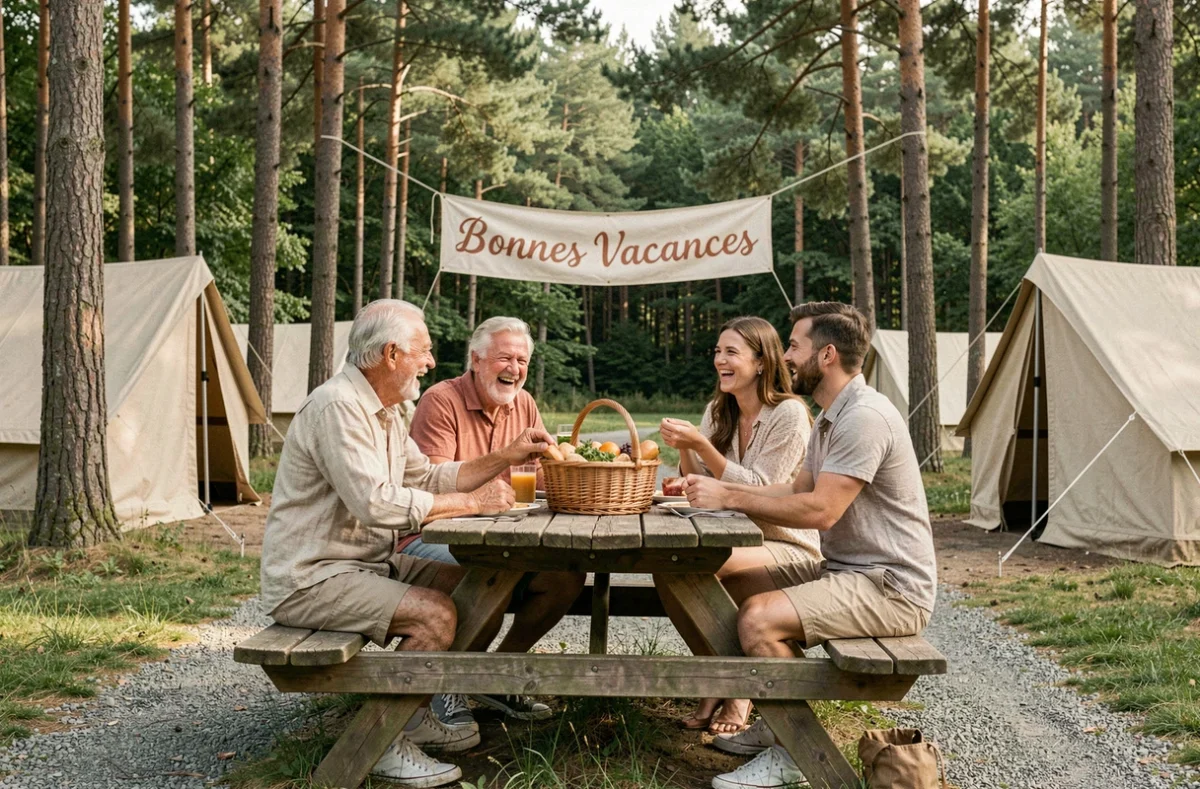 Famille multigénérationnelle réunie autour d'une table de pique-nique en camping avec banderole Bonnes Vacances dans un cadre forestier