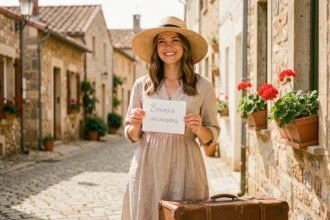 Femme souriante tenant une carte postale 'Bonnes vacances' dans un village du sud de la France avec valise vintage sur pavés