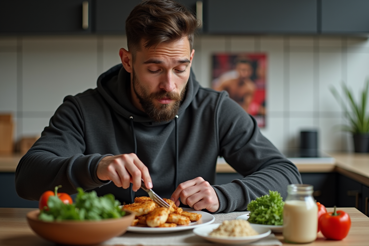 Jeune boxeur préparant un repas équilibré dans la cuisine
