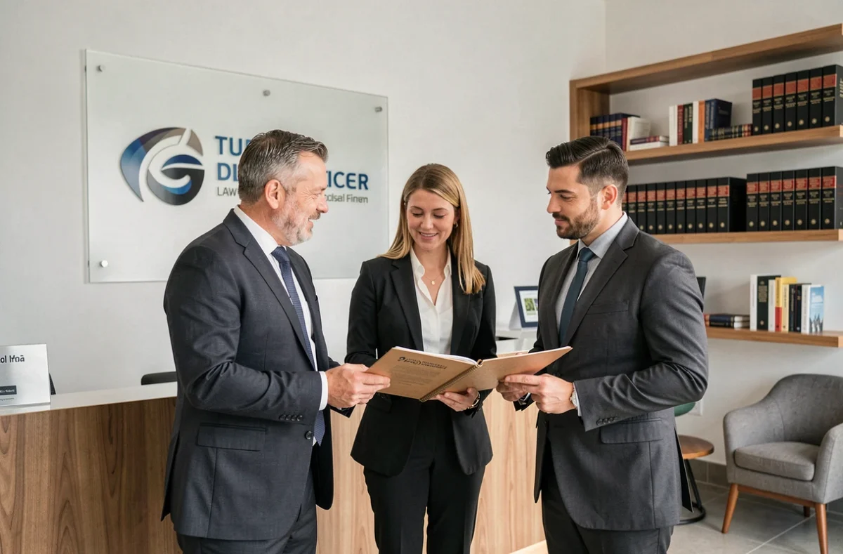 Équipe de trois avocats d'un cabinet pluridisciplinaire moderne dans la réception de leurs bureaux à Besançon