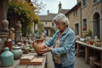 Femme chinant une cruche en céramique ancienne sur un marché aux puces en plein air dans le Cantal