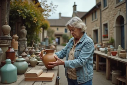 Femme chinant une cruche en céramique ancienne sur un marché aux puces en plein air dans le Cantal