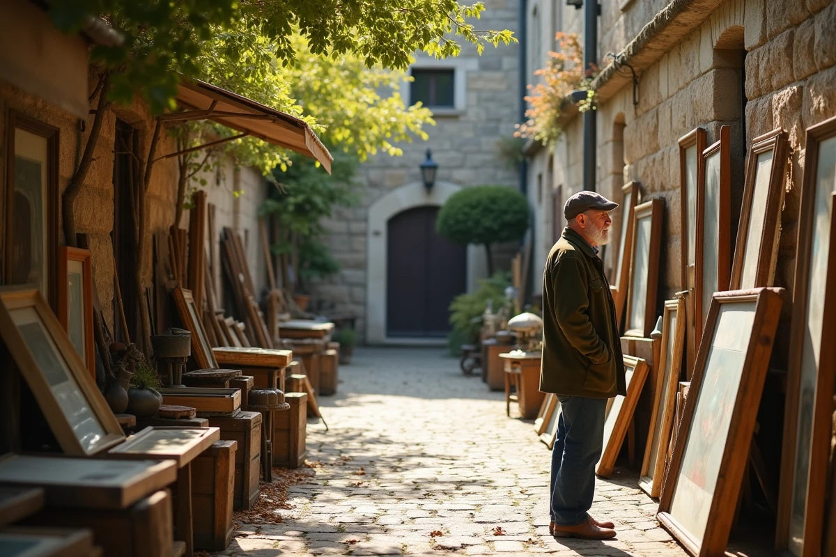 Homme parcourant des tableaux anciens et des outils agricoles lors d'une brocante dans une ferme du Cantal
