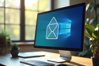 Espace de travail professionnel avec moniteur affichant une boite mail
