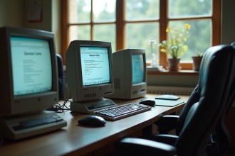 Bureau vintage des années 2000 avec ordinateur internet ancien