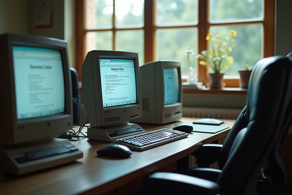 Bureau vintage des années 2000 avec ordinateur internet ancien