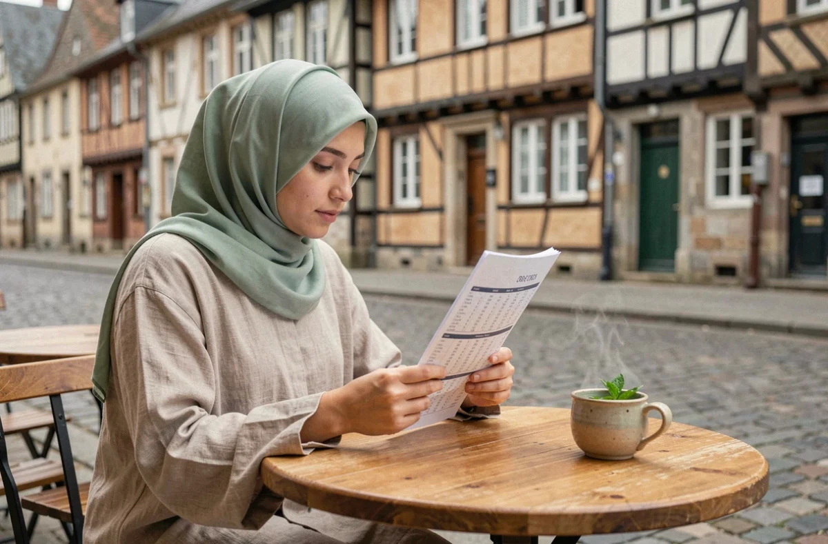 Femme musulmane consultant un calendrier des heures de prière du ramadan à Rennes