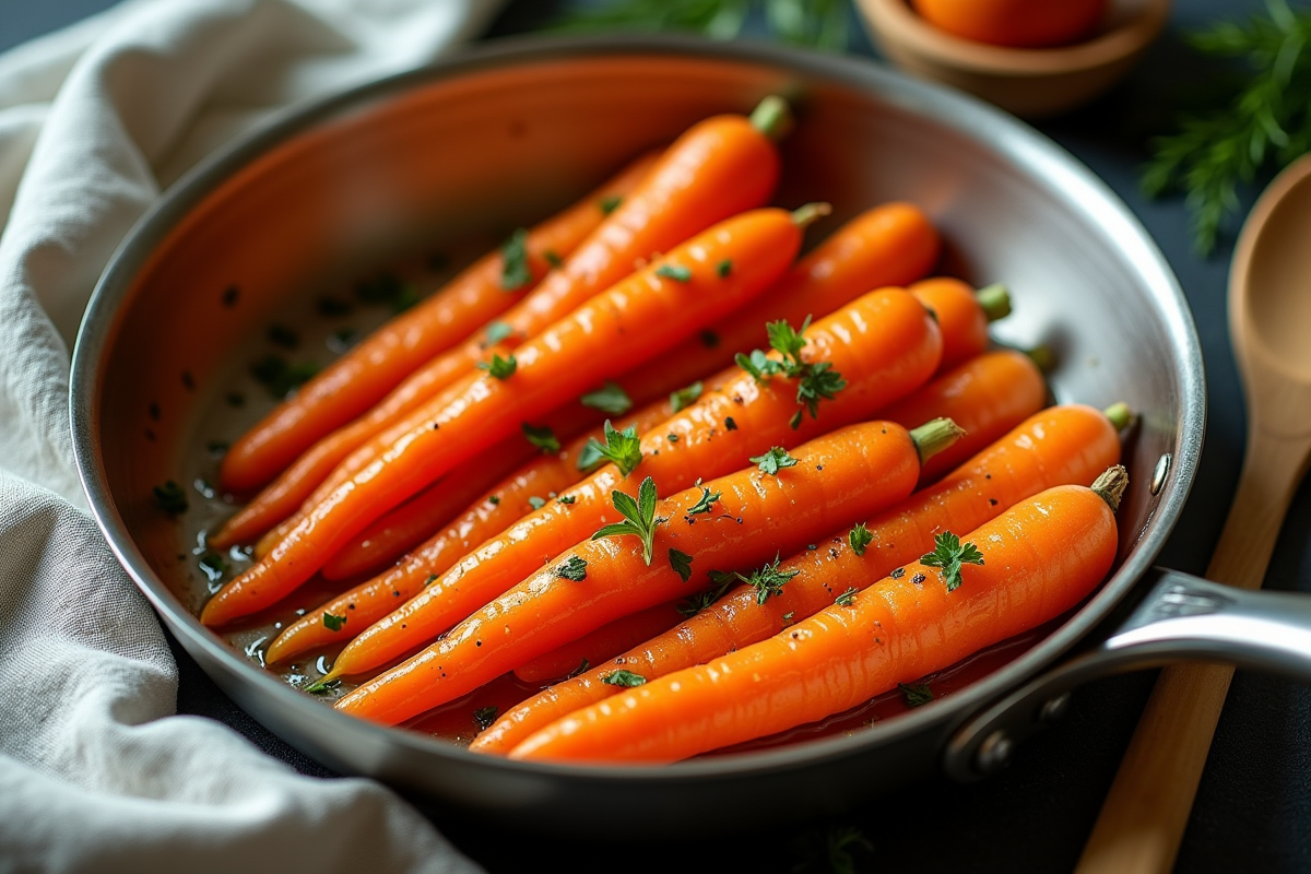Carottes Vichy en sauce dans une poêle avec herbes