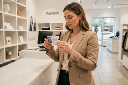 Femme tenant une carte cadeau Kadéos Edenred dans un grand magasin, comparant les enseignes Select, Infini et Culture