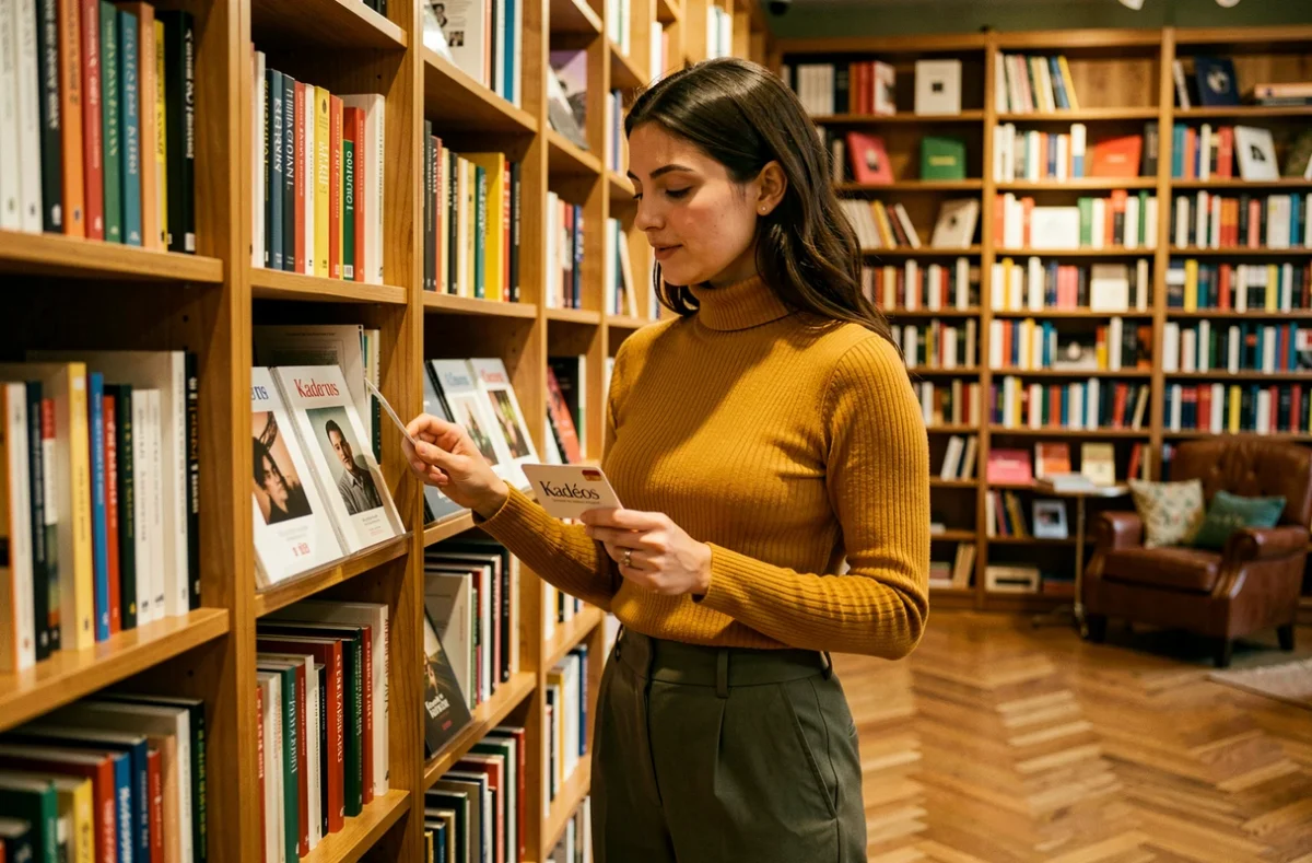 Jeune femme utilisant une carte Kadéos Culture dans une librairie française pour acheter des livres et des albums