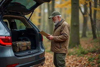 Homme chasseur vérifiant son permis en forêt automnale