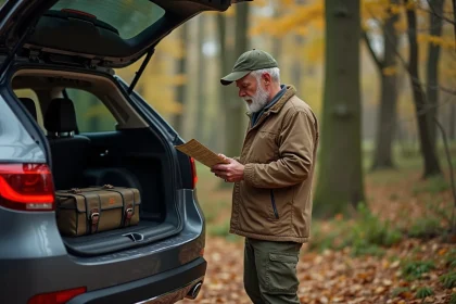 Homme chasseur vérifiant son permis en forêt automnale