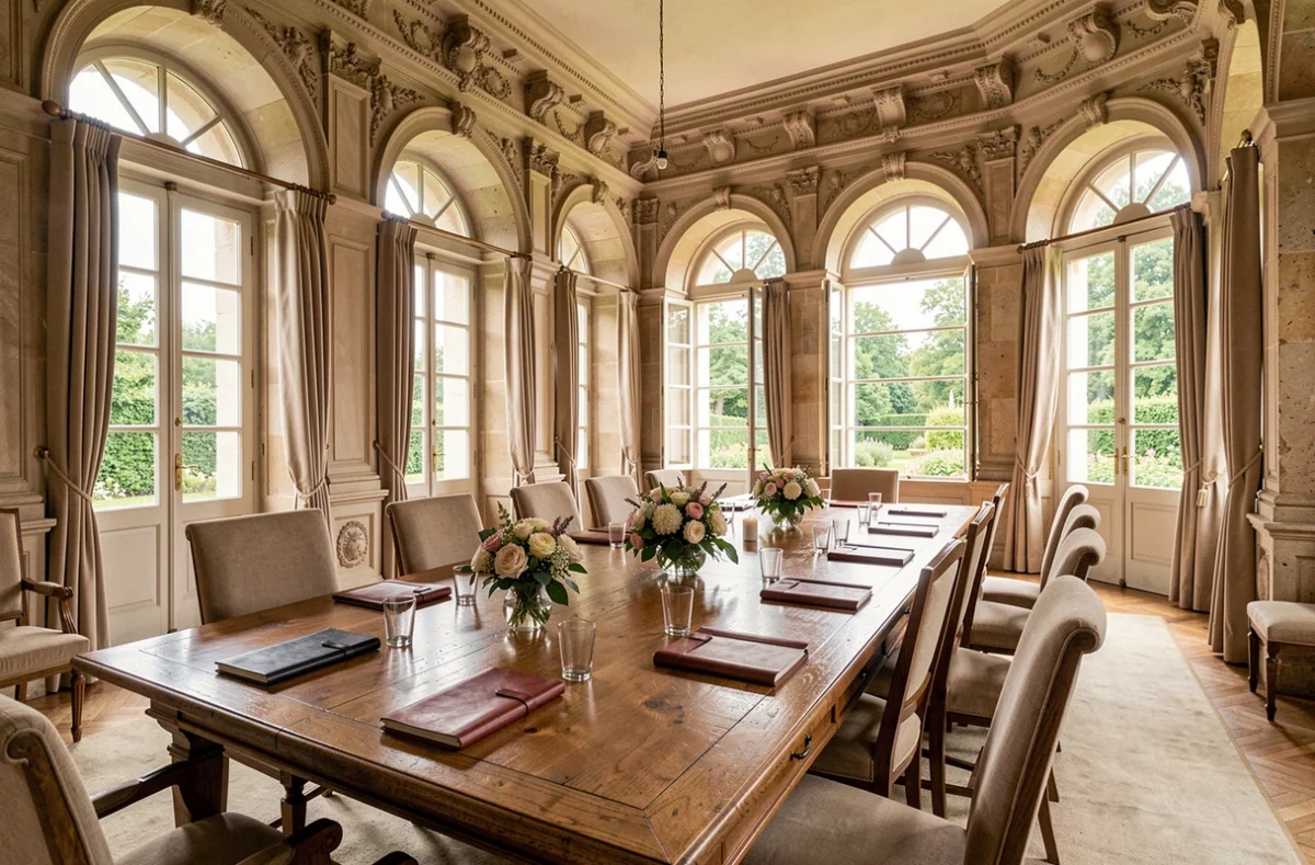 Salle de séminaire résidentiel dans un château français atypique aménagé en lieu de retraite d'affaires avec longue table en chêne et fenêtres en arche donnant sur un jardin