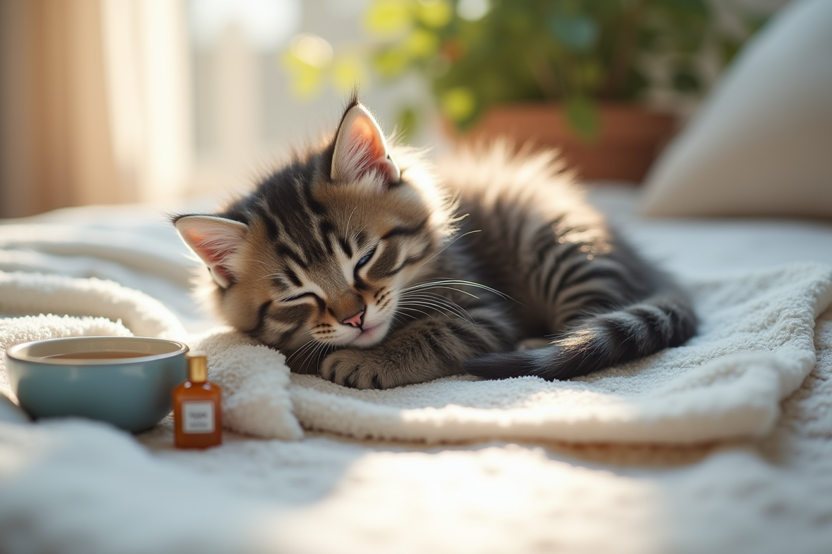 Chaton gris tacheté reposant dans un cadre domestique lumineux