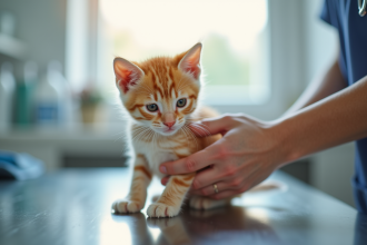 Jeune chaton orange examiné par un vétérinaire dans une clinique