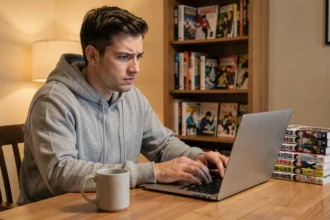 Jeune homme cherchant la version française d'un manwha sur son ordinateur portable avec des volumes manga empilés sur son bureau