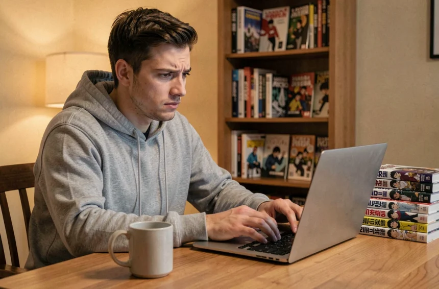 Jeune homme cherchant la version française d'un manwha sur son ordinateur portable avec des volumes manga empilés sur son bureau