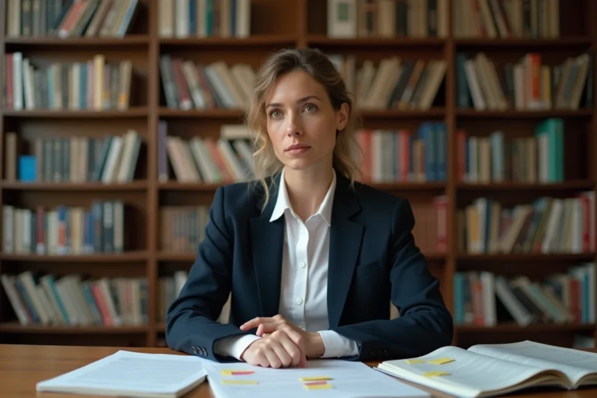 Chercheuse universitaire étudiant des articles académiques sur le cancel culture à son bureau de bibliothèque