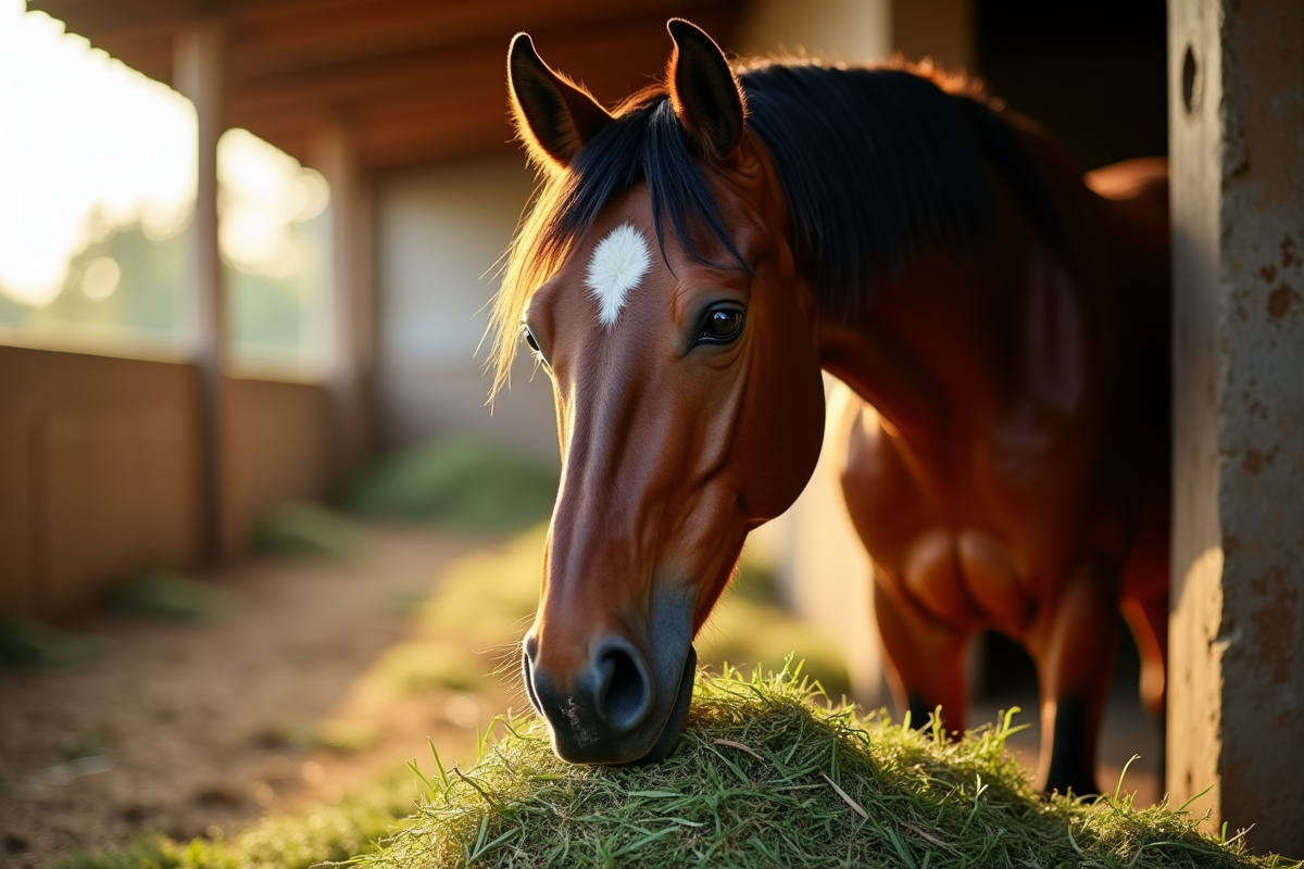 Cheval bai sain mangeant du foin vert en stabule lumineux