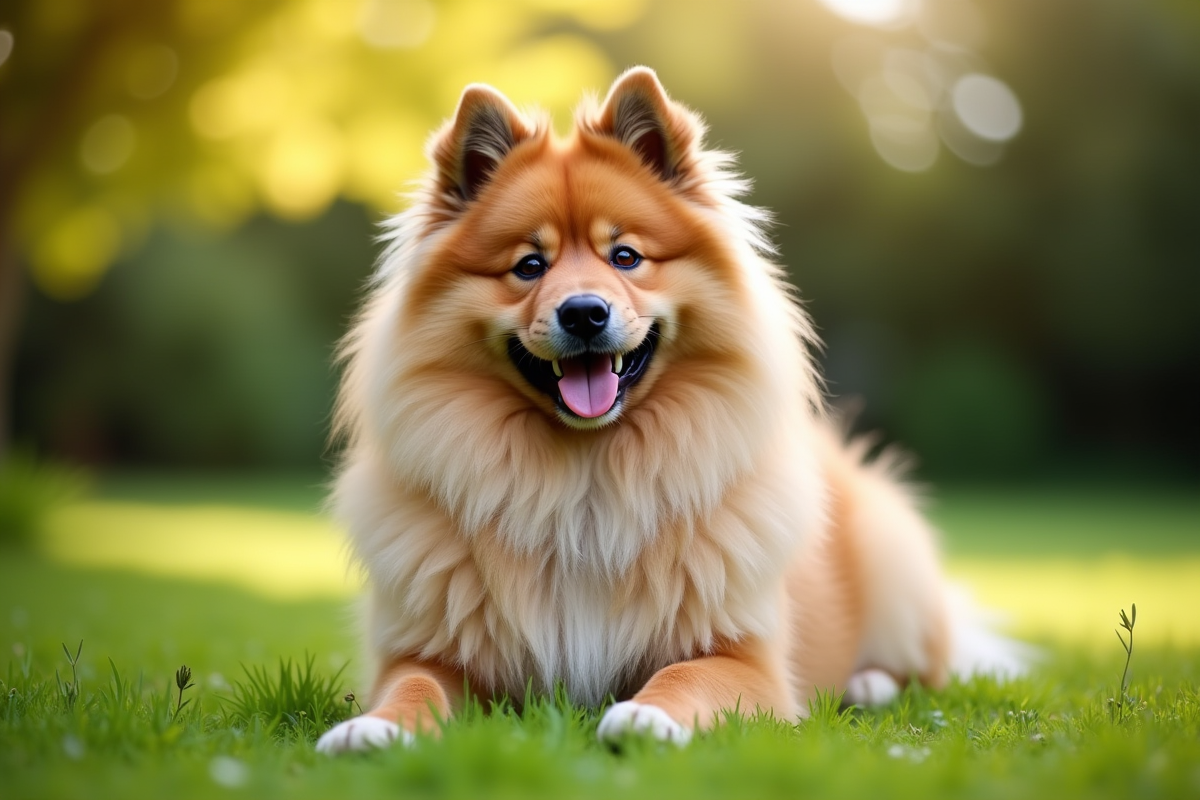 Keeshond heureux dans un jardin ensoleille