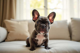 Chiot bulldog francais sur un sofa lumineux