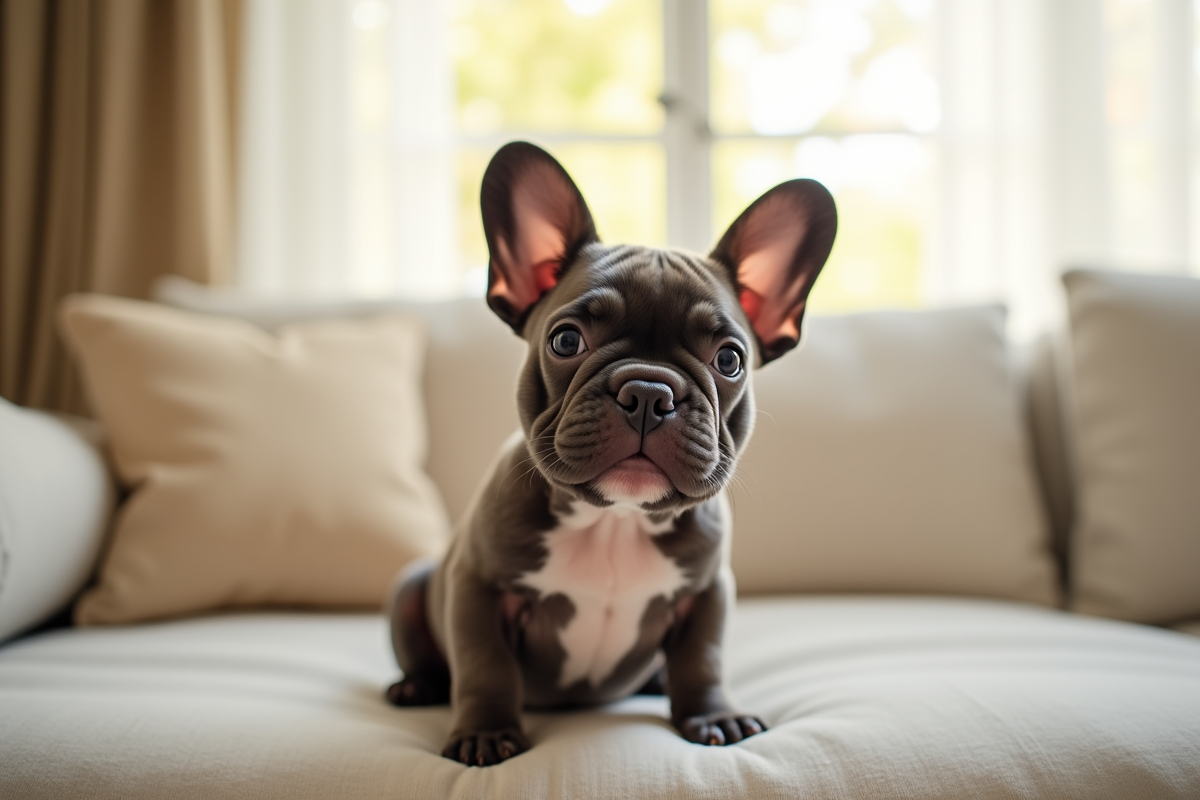 Chiot bulldog francais sur un sofa lumineux